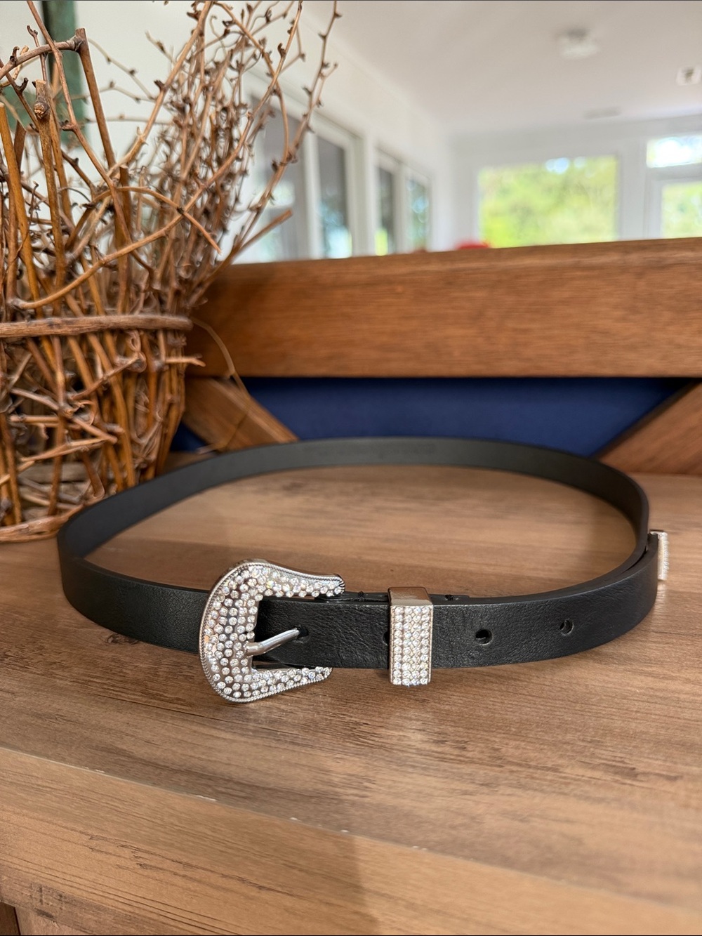 Black Belt with Crystal-Studded Buckle